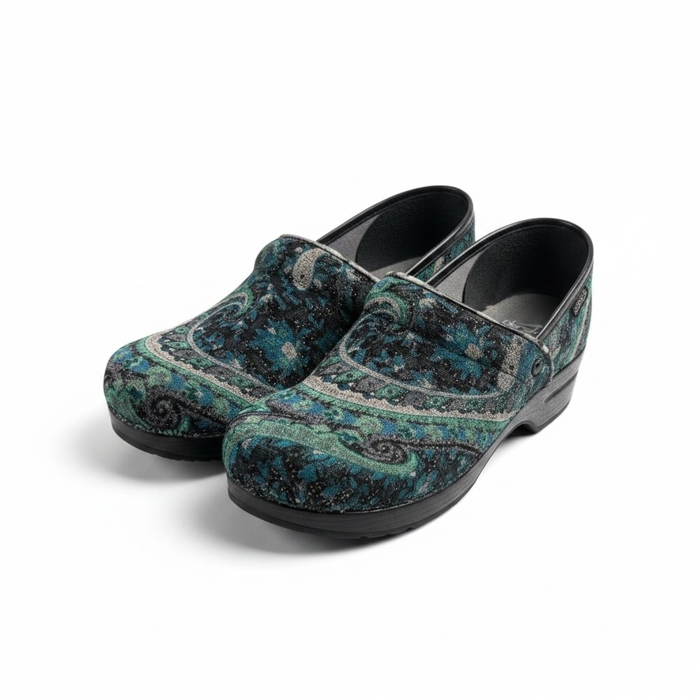Dansko Vegan Professional Clogs Tapestry Paisley Velvet Blue Teal 39